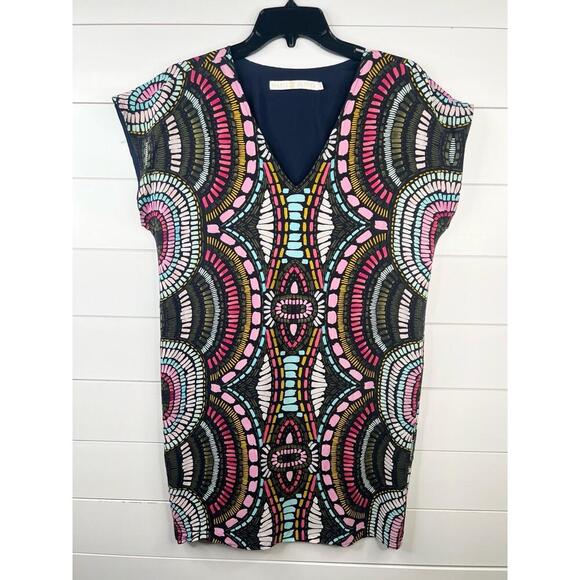 Marie Oliver Colorful Print V Neck Short Sleeve Shift Dress Size S Silk - Picture 2 of 12